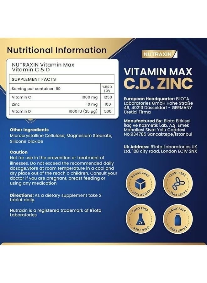 Nutraxin Vitamin Max C-D-Zinc Food Supplement Containing Multivitamins and Multimineral, 60 Tablets - Image 5